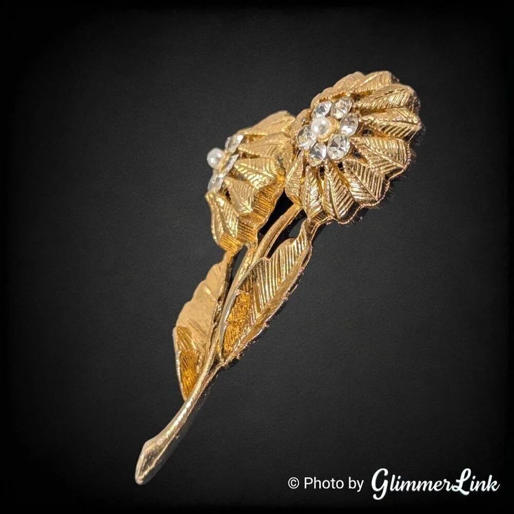 Vintage Gold Tone Double Flower Brooch with Rhinestones and Faux Pearls